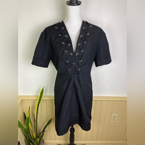NWT Sandro Clara Lace-Up Black Mini Dress Linen FR 40 US 8 Gothic Academia LBD - Picture 1 of 14